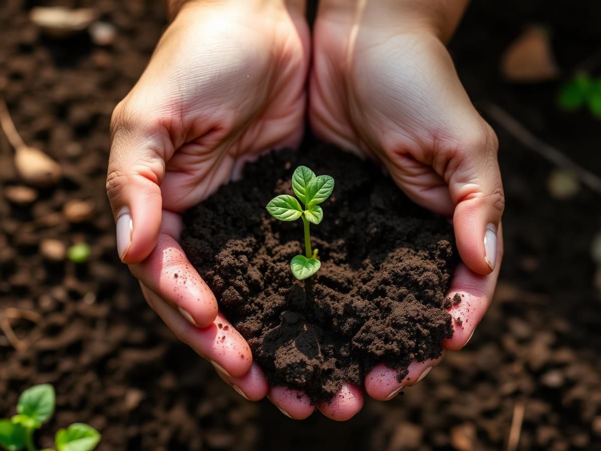 Hands holding a green seedling