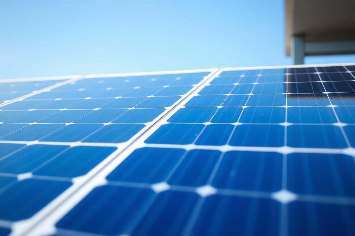 Modern solar panels reflecting blue sky